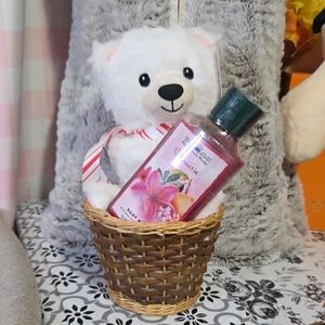 Bath & Body Works Plumeria Body Wash with White Teddy Bear Christmas Gift Basket